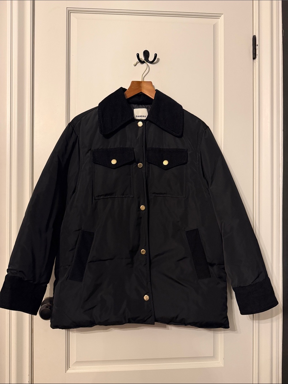 Sandro Black Quilted Puffer Jacket with Corduroy Trim - Picture 5 of 10